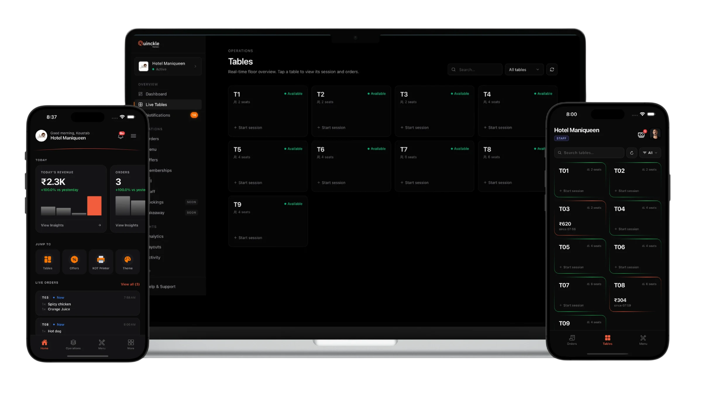 Quinckle partner dashboard and mobile app mockup
