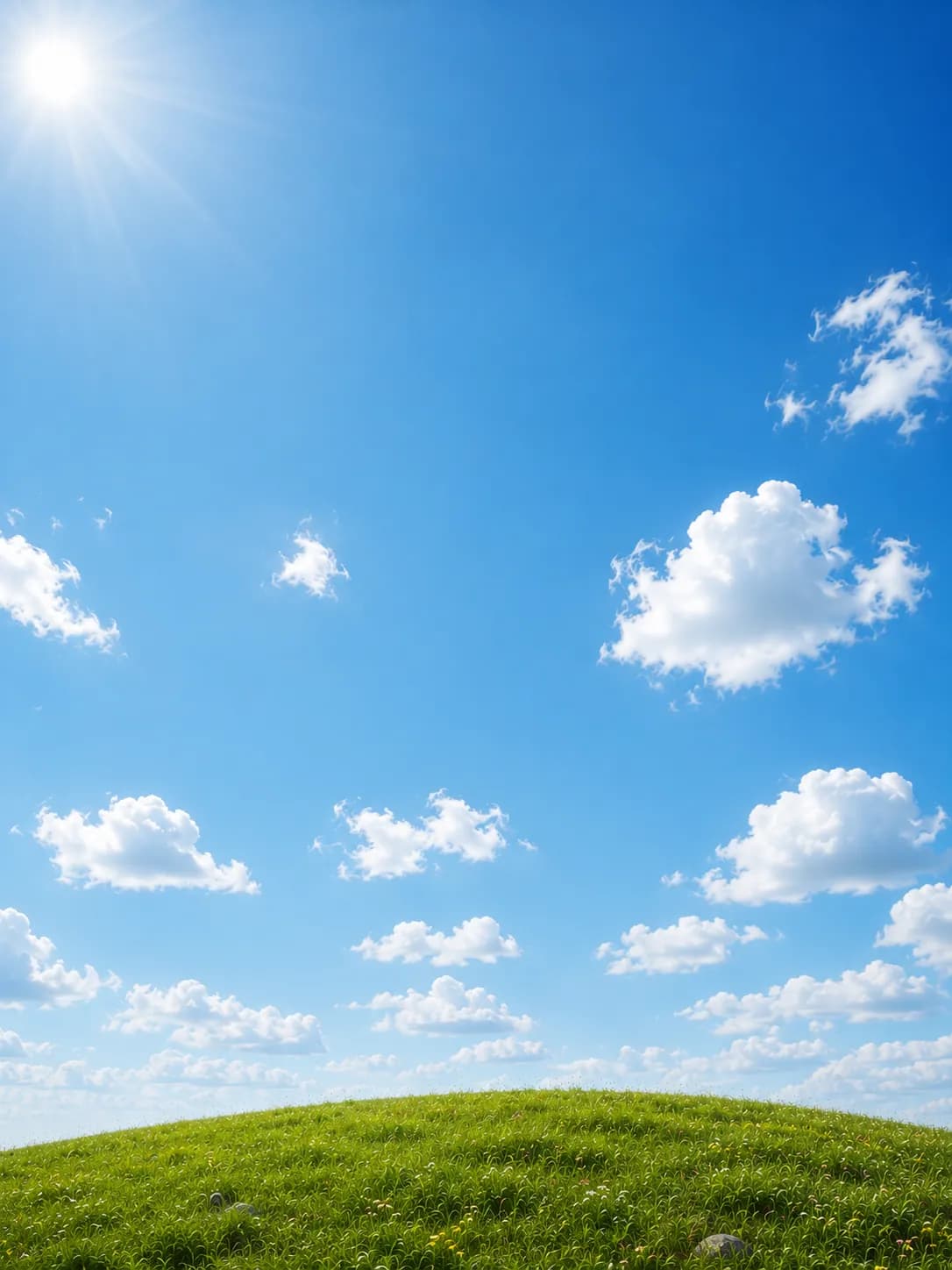 Sunny blue sky over a green grassy hill